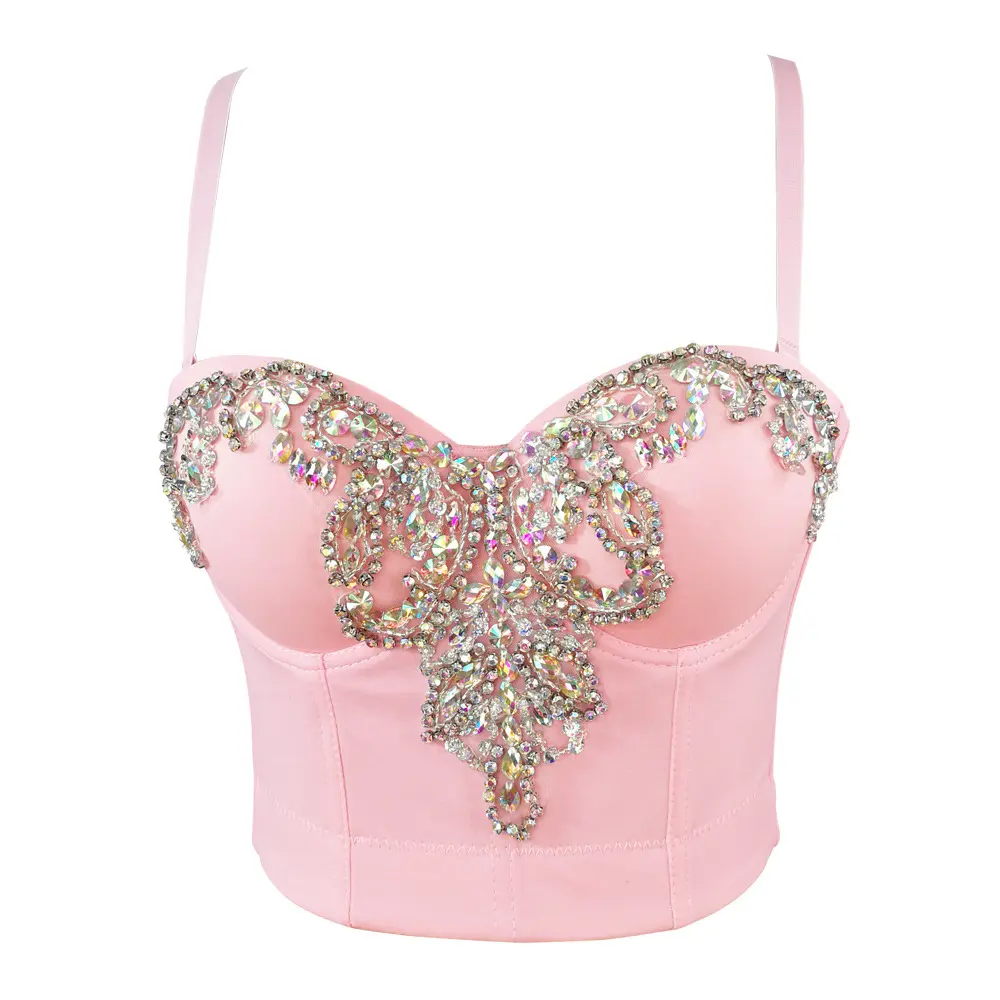 Women's Rhinestone-Stitched Fishbone Corset Camisole - Sleeveless Sling Crop Tank Top with Beading, Pink Vintage Sexy Shaper for Thanksgiving, Chinese New Year, Easter Party Events