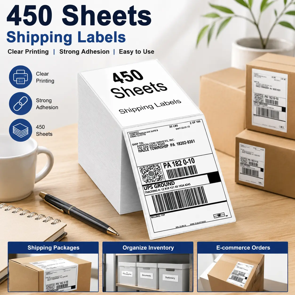 4-inch x 6-inch Thermal Shipping Label Paper (450 sheets) — Easy to install, with smooth and reliable printing; ideal for shipping and warehouse management