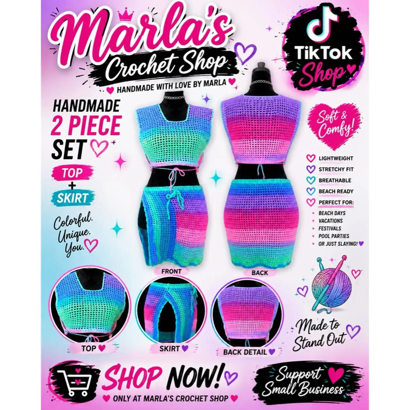 Marla's Crochet Shop Handcrafted 2-Piece Set Top & Skirt Colorful Unique Soft & Comfy Lightweight Stretchy Fit Beach Ready