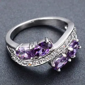 Purple CZ Solitaire Ring for Women, Elegant Bridal Wedding Sparkly Zircon Ring, Hypoallergenic Lightweight 3.4g Vintage Jewelry for Engagement Party Anniversary Gift for Her