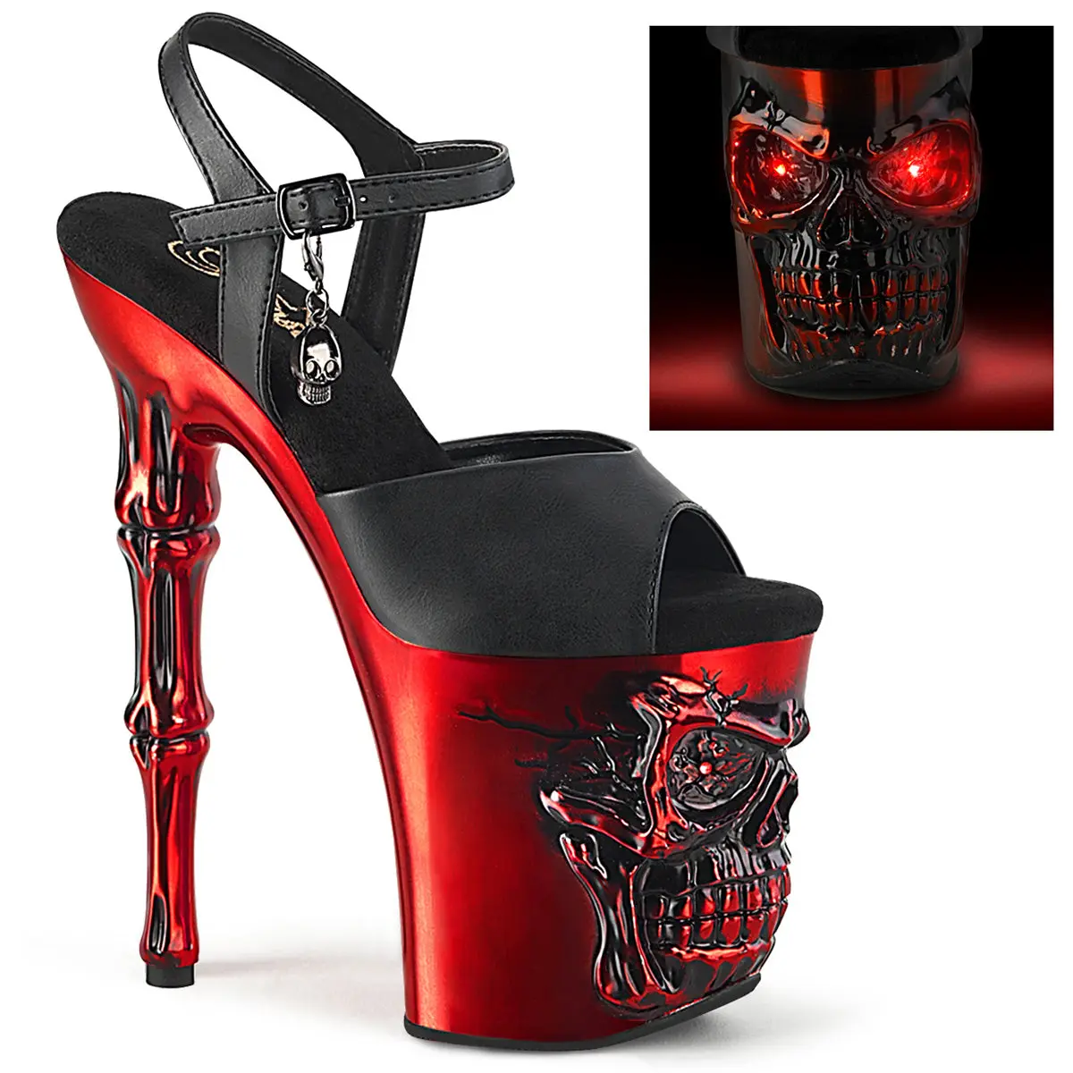 Women's Skull Platform Sandals, 8-Inch Heeled Ankle Strap in Red Satin with Finger Bone Heel & USB Chargeable LED Lights