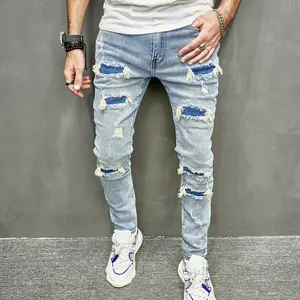 Men's Vintage Blue Wash Distressed Skinny Jeans, Ripped Hole Patch Slim Fit Casual Comfort Denim Pants Street Style American Streetwear Hip Hop Trendy