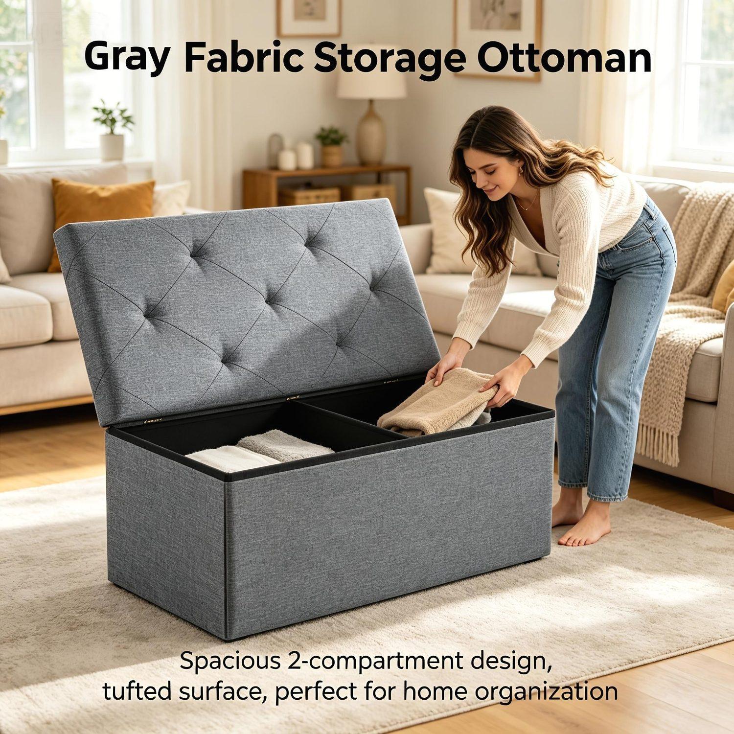 Heavy-Duty Multi-Functional Folding Storage Ottoman Storage Bench with Cushion | Indoor & Outdoor Dual Use, Space-Saving Design, Water-Resistant & Easy-to-Clean Surface - Ideal for Living Room, Bedroom, Patio, Garden Tool Storage - Grey Storage Bench