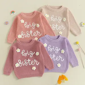 Kids Infant Baby Girl Sweater 3D Flower BIG SISTER Letter Embroidery Long Sleeve Knit Pullover Toddler Tops