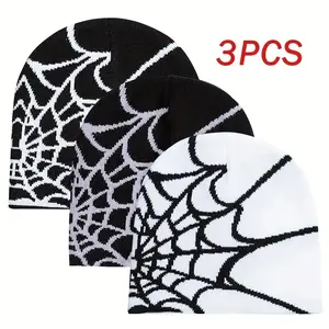 3 Pcs Y2K-Inspired Acrylic Knit Beanies - Stretchy, Slouchy Fit, Breathable, Spider Web Embroidery in Black, White, Gray - Lightweight Winter Hats for Men & Women