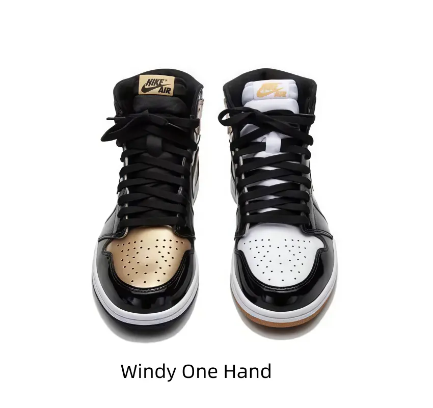 Asymmetrical patent vintage highs, rare standout for sneaker rotations. Classic basketball shape with mismatched gold & white toe caps; full glossy upper glows under light.
