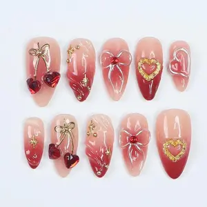 Cupid’s Kiss Press On Nails with Gold Heart, 3D Bow and Gem Accents, Medium Almond Handmade Romantic Nail Art, Elegant Love Theme Nails for Anniversary, Birthday, Valentine’s Day, Holiday Gift for Her