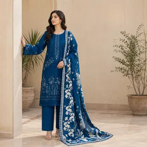 ZAROORI Sapphire Blue Cotton Embroidered Pakistani 3-Piece Suit – Ivory Thread Work with Embroidered Dupatta | Article No: ZR-455