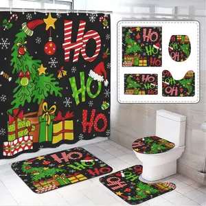 4pcs Christmas Theme Tree Hat and Gift Set with HoHOHO Pattern Design, Holiday Decor, Non-Slip Mat, U-Shaped Rug, Toilet Seat Cover, Bathroom Decoration Accessories