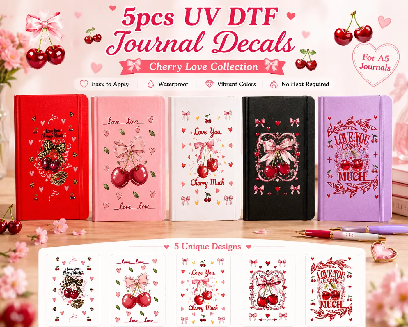 5 Pieces UV DTF Die-Cut Cherry-Heart Journal Decals, Cute Cherry Bow Transfer Stickers for A5 Journals, Collage Book Decoration, Cherries