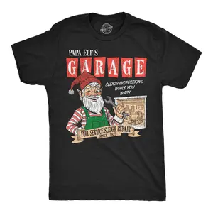 Mens Funny T Shirts Papa Elfs Garage Sarcastic Christmas Graphic Novelty Mechanic Tee For Men Mens Funny T Shirts Cool Vintage Fashion T-Shirt Gift Classic Menswear Christmas Apparel for Men Funny Mechanic Black -