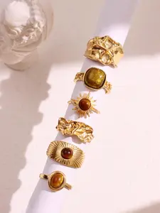 Women's 6pc Vintage Fashion Sunflower & Tiger Eye Rhinestone Ring Set, Statement Rings, Elegant Jewelry Gift for Her