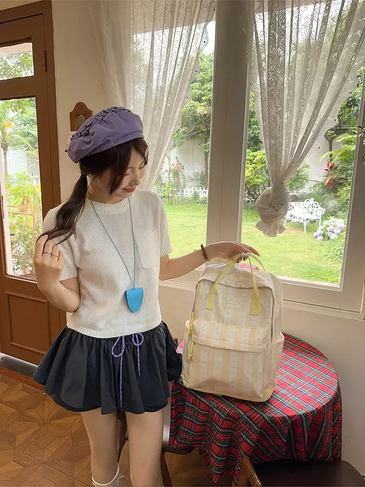 Soft Vertical Stripe Backpack, Multi-color Fresh Fabric Student School Bag Versatile Daily Commute Casual Rucksack