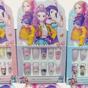 Little Girls Kpop Cartoon 12 Pcs Colorful Artificial False Nails Box Full Coverage Short Long Nail Stickers Sets for Nail Art Practice