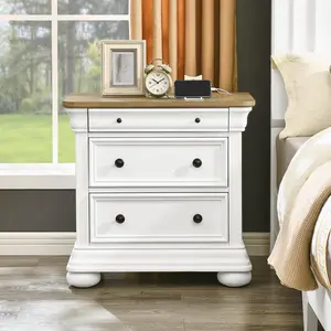VanAcc Solid Wood Nightstand with Fully Assembled, Wide Vintage Farmhouse Bedside Table with USB Ports & 3 Drawers Storage, Sofa End Table for Bedroom, Living Room, Antique White