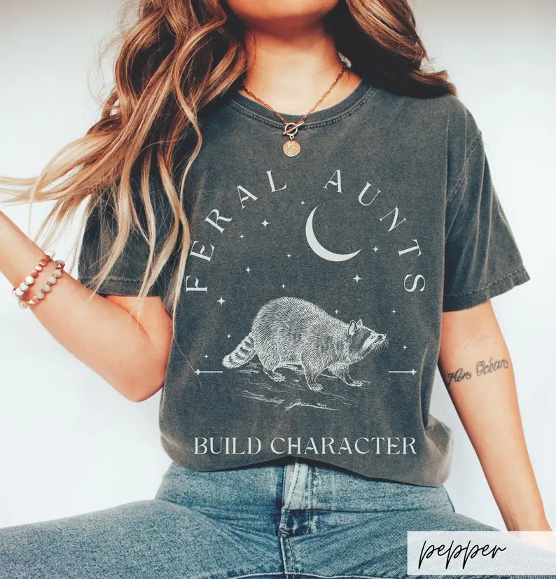 Comfort Colors Feral Aunts Build Character Shirt, Raccoon Lover Aunt Shirt, Vintage Raccoon Art Crescent Moon Tee, Whimsigoth Aunty Tee
