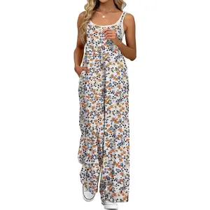 Women's Summer Jumpsuits Boho Wide Leg Overalls Casual Floral Print Rompers Beach Outfits with Pockets