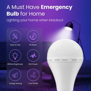 Emergency Rechargeable Led Light Bulb with Hook,Stay Lights Up When Power Failure, 12W Equivalent LED Light Bulbs for Home