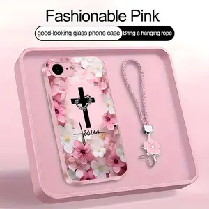 Christian Jesus Cross Floral Art Phone Case, Suitable for [iPhone 16e] high-end women's, Lanyard a beautiful four-leaf clover lanyard is included🍀 952