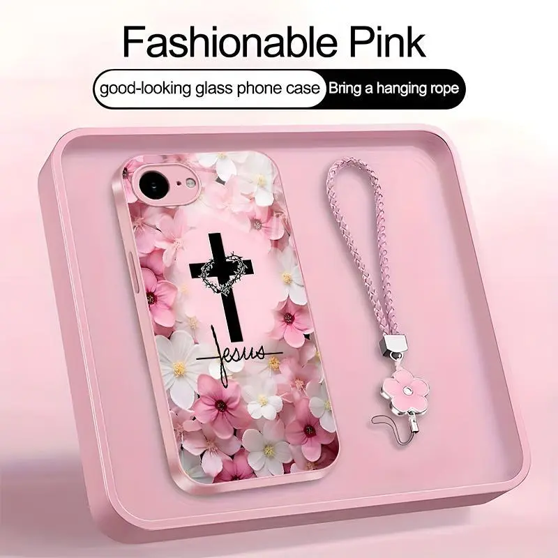Christian Jesus Cross Floral Art Phone Case, Suitable for [iPhone 16e] high-end women's, Lanyard a beautiful four-leaf clover lanyard is included