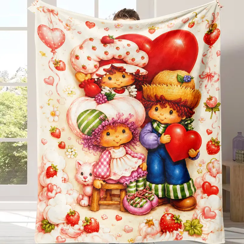 Strawberry Shortcake Retro Cartoon Character Collage Flannel Throw Blanket Ultra Soft Warm Light Weight All Season Cozy Bed Cover Sweet Vintage 80s Aesthetic Merch Gift For Girls Fans Bedroom Sofa Camping Home Bedding Decor