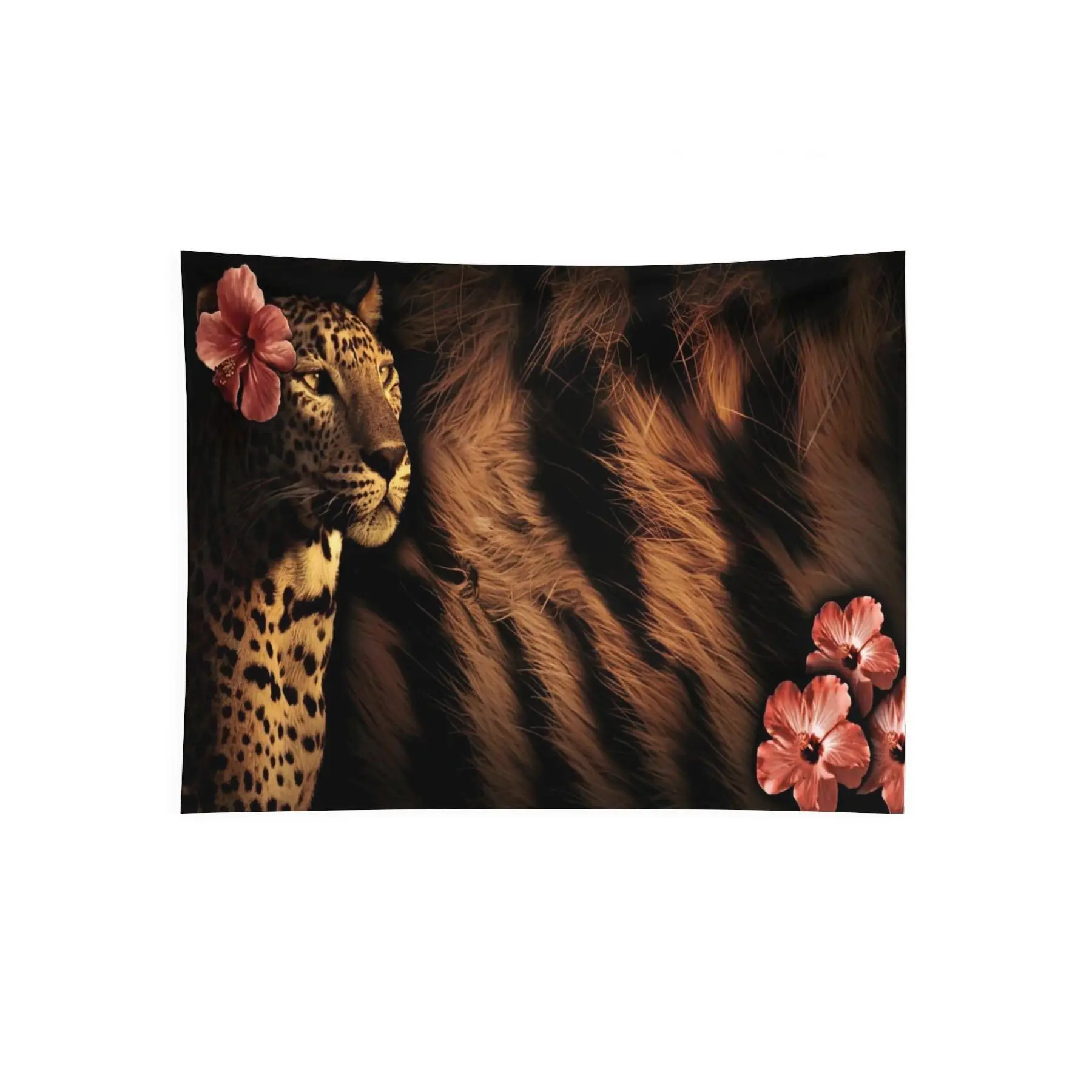 Leopard Hibiscus Tropical Wall Tapestry, Dark Jungle Animal Print Floral Aesthetic Bedroom Dorm Living Room Decor