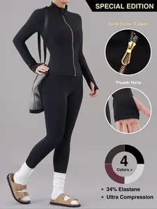 Women's Solid Zip Up Jacket & High Waist Leggings Tracksuit Set, Sporty Breathable Comfy Outfits for Yoga Gym Workout Running, Ladies Sportswear for All Seasons and Outdoor Wear