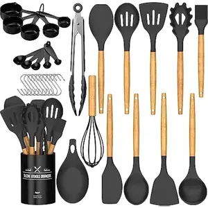 Kitchen Cooking Utensils Set, 33 pcs Non-Stick Silicone Cooking Kitchen Spatula Set with Holder, Wooden Handle Silicone Kitchen Gadgets Utensil Set (Black)