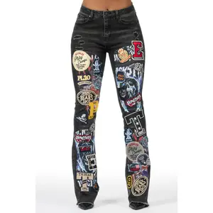 Brittiny Black  Patchwork Stacked Flare Jean