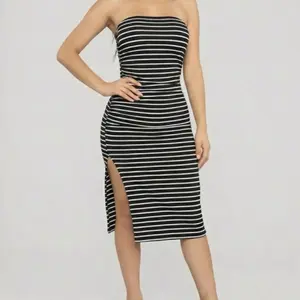 Striped Tube Side Ruched Slit Bodycon Midi Dress