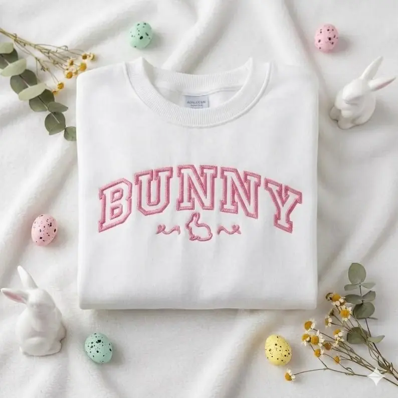 Bunny Embroidered Easter Sweatshirt, Cute Spring Bunny Crewneck Pullover, Pastel Holiday Sweatshirt Gift for Women, Easter Lovers and Seasonal Outfits