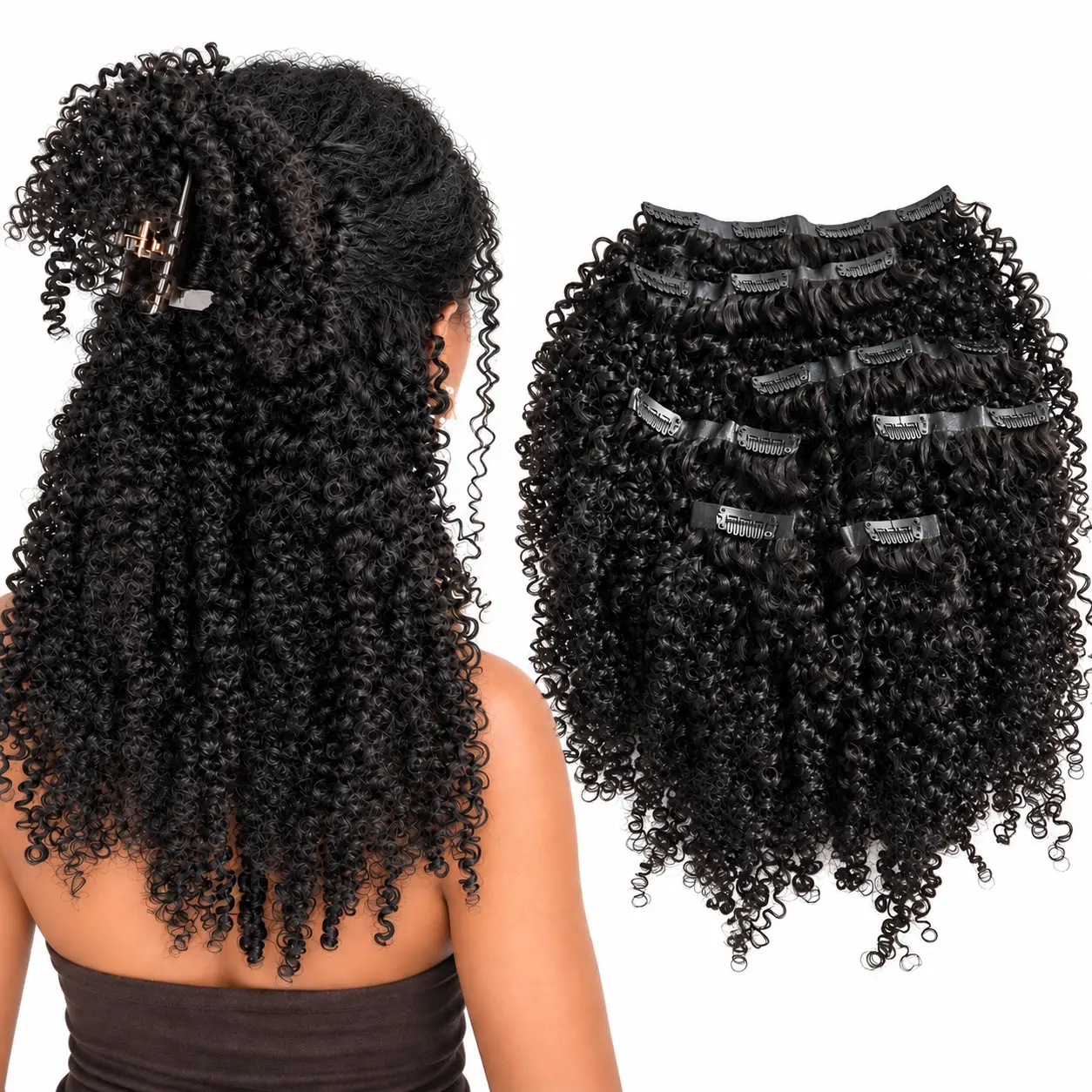 100% Human Hair Kinky Curly Clip In Extensions - Glueless Seamless PU Clip On Hairpieces, 7pcs/Set 120g/Pack Natural Black, Unisex Wear Afro Style for Hair Replacement with Natural Look