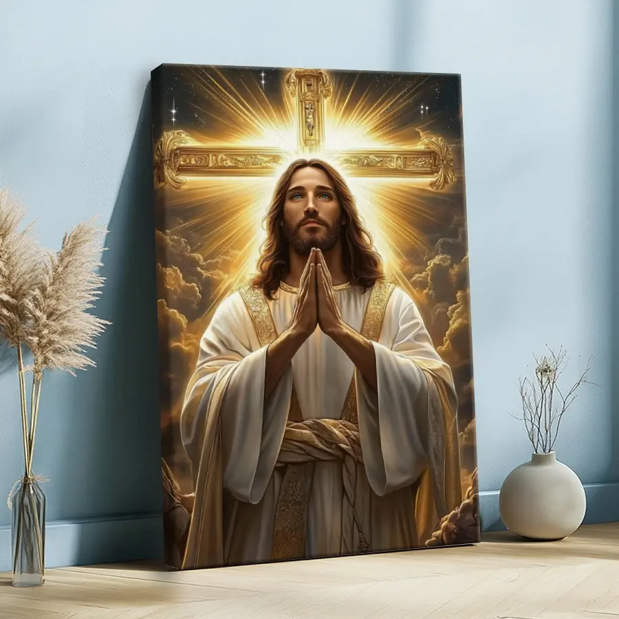1pc Easter Day Framed Wall Art, Wrapped Canvas Poster Vintage Prints, Gold, Jesus Holds His Hands Together, Christian Wall Art, Perfect Gift Decor, Wall Art for Living Room Bedroom Office, Hanging Hardware Included - Framed, Vertical Wood Artwork