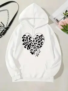 Women's Leopard Heart Print Drop Shoulder Hoodie, Fashion Casual Drawstring Pocket Hooded Sweatshirt for Daily Holiday Outdoor Wear, Women Clothing for Fall & Winter