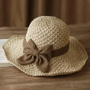 [Summer Travel Essential] Handmade Woven Wide-brimmed Straw Hat for Women, Sun Protection, Bow Tie, Beach Hat