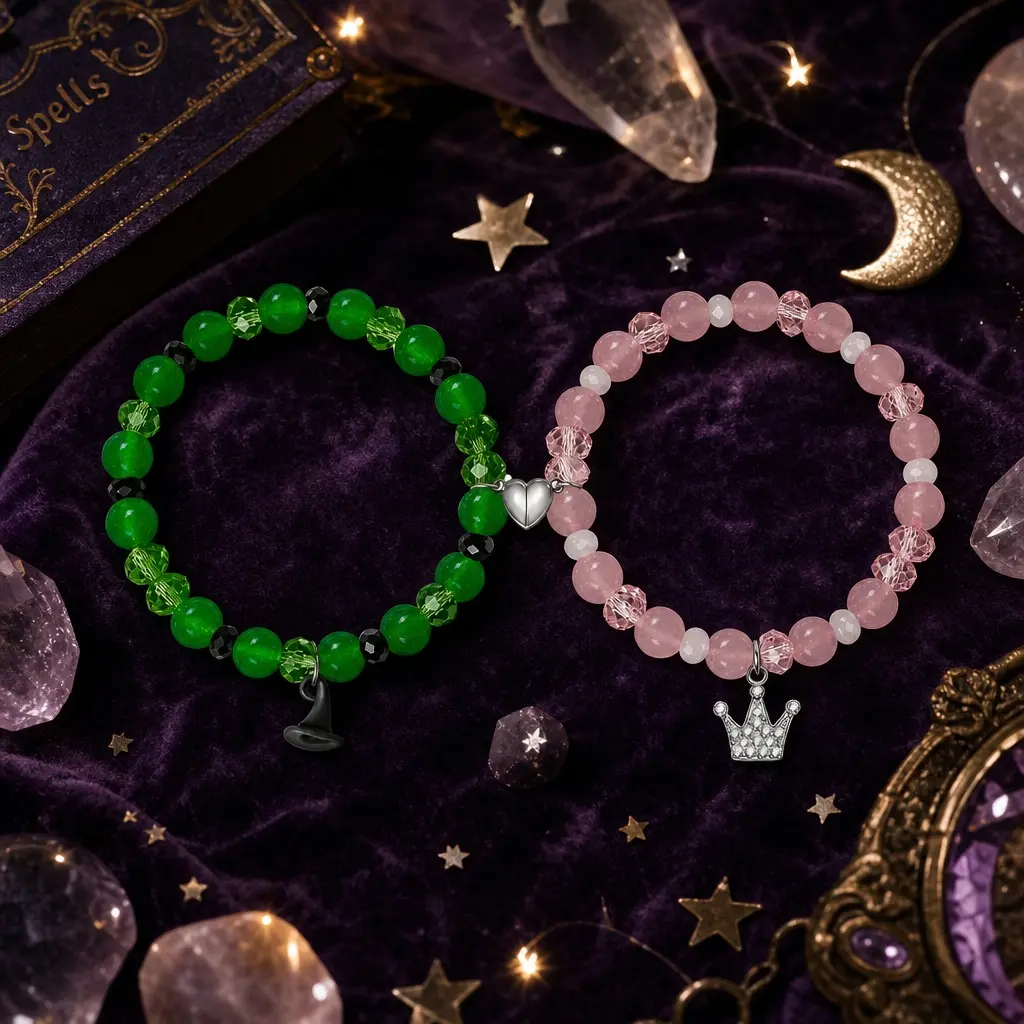 2-Pack Movie-Inspired Elphaba Glinda Friendship Matching Bracelets - Character Charms, Smooth Stones, Stretch Bands, Flexible Fit, BFF Halloween Costume Decor, Birthday Gift Accessory