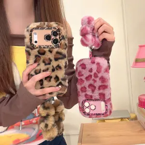 Suitable For IPhone17pro Autumn And Winter Plush Leopard Print Mobile Phone Case 16promax Apple 15p Hand Strap Lens Holder