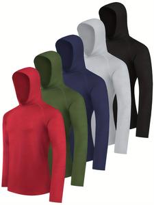 Hovsiyla 5pcs Men's Athletic Hoodie Shirts - Moisture-Wicking, Breathable Polyester Blend, Long Sleeve - Hooded Design for Casual, Fishing, Running & Outdoor Activities summerwins