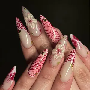 24 Long Sharp Claw Nails, Leopard & Zebra Print, 3D Floral Details, Glossy False Nails, Y2K Style, Reusable, Includes Jelly Glue & File