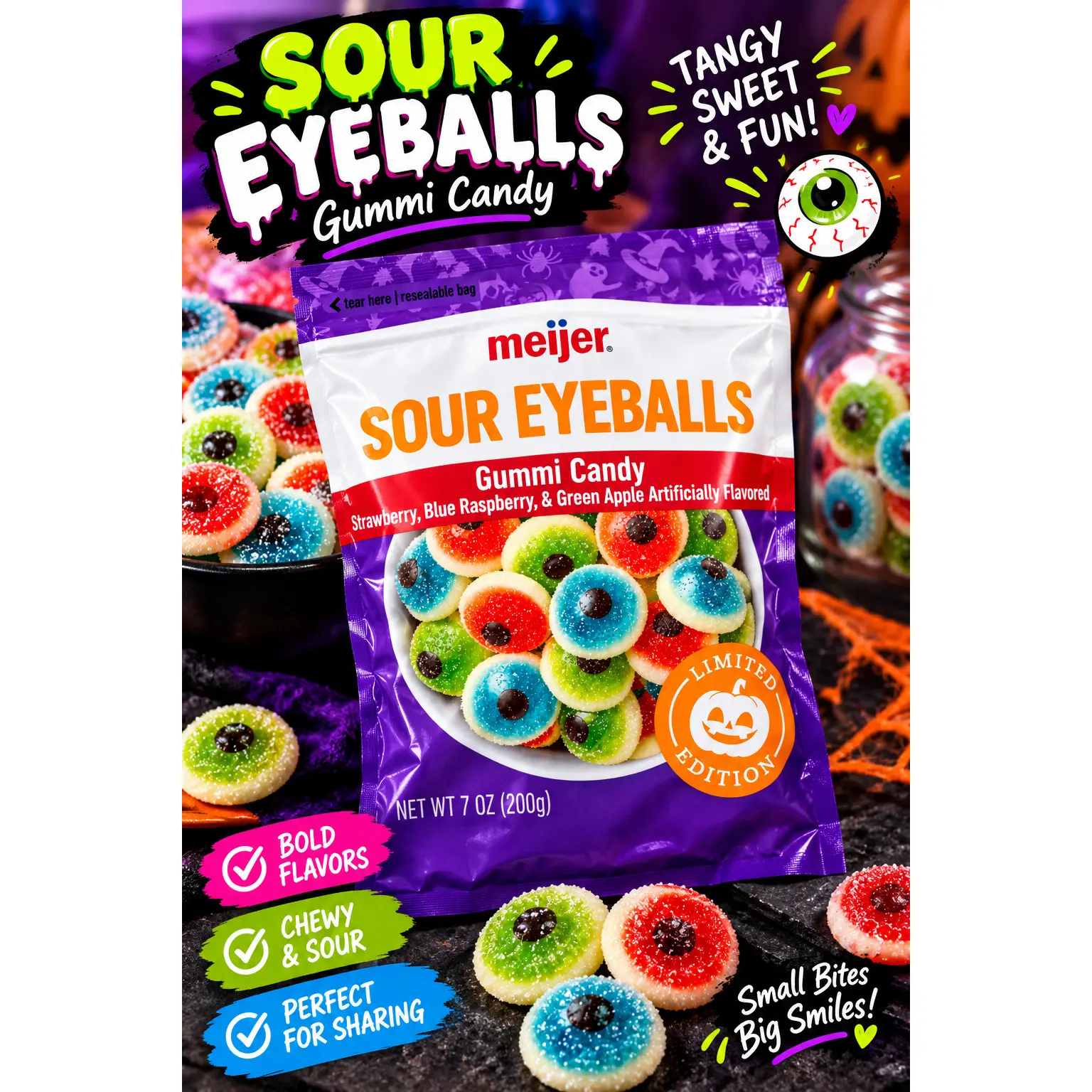 Meijer Sour Eyeballs Gummi Candy - Tangy Sweet & Fun - Strawberry Blue Raspberry Green Apple - 7 oz - Perfect for Halloween Parties - Chewy Fruity Center