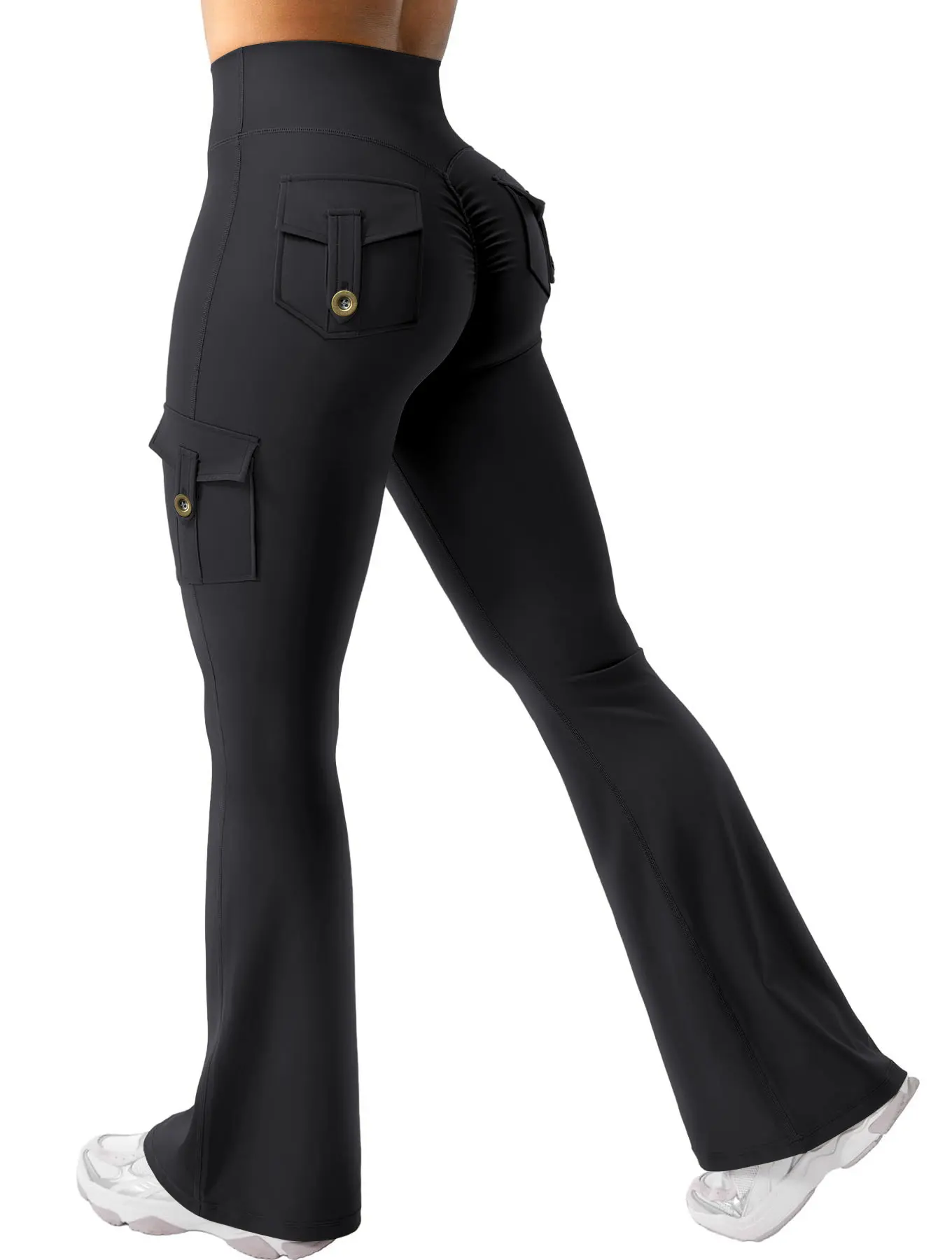 Women's High Waisted Gym Yoga Snug Flare Leggings - Hidden Scrunch Detail, No Front Seam, Cargo Pockets, Camouflage Nylon Blend Sports Bottoms - 75% Nylon 25% Spandex, Summer Sports Apparel
