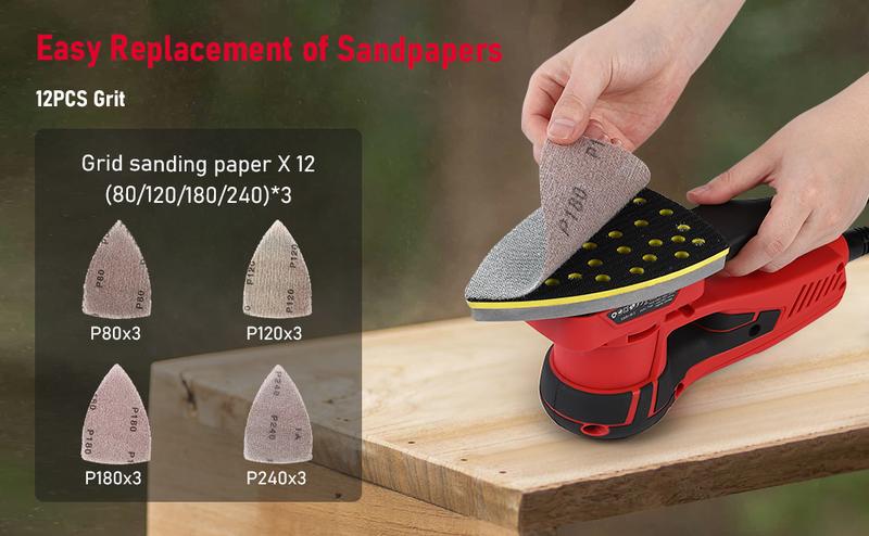GARVEE Electric Detail Sander with 12 Sanding Paper, 350W Brushless Motor Mouse Sander, Powerful & Low Vibration, 10000 RPM, For Wood Working, Polishing, Carpentry
