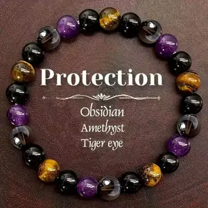 Natural Tiger's Eye Stone & Amethyst Beaded Bracelet Elastic Protection Healing Crystal Unisex Energy Balance Fragrance-Free Solid Jewelry Gift