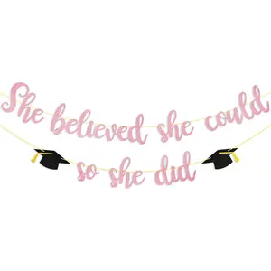 She Believed She Could So She Did Banner Decorations - Pink Glitter She Did It 2024 Garland Graduation Bunting Banner, Congrats Grad Photo Backdrop for Girls College Graduation Party Favors