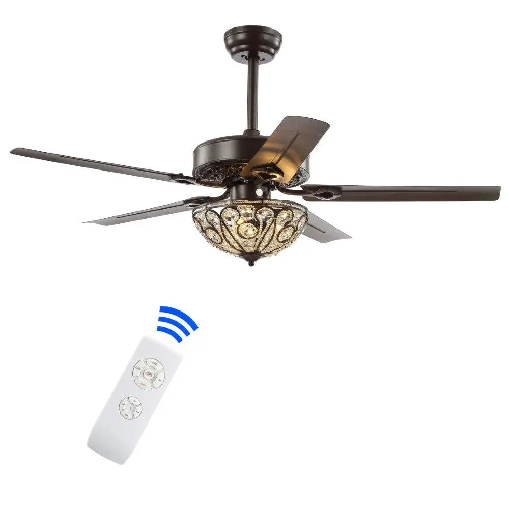 JONATHAN Y JYL9704A 48" Traditional Ceiling Fan Light Remote, Wrought Iron Crystal Chandelier Fan 5 Reversible Blades (Brown), 3-Speed Reversible Motor, Oil Rubbed Bronze Finish Living Room, Bedroom, Decorative Lights, Ceiling Bulb Lamps, Fan-Light Combo