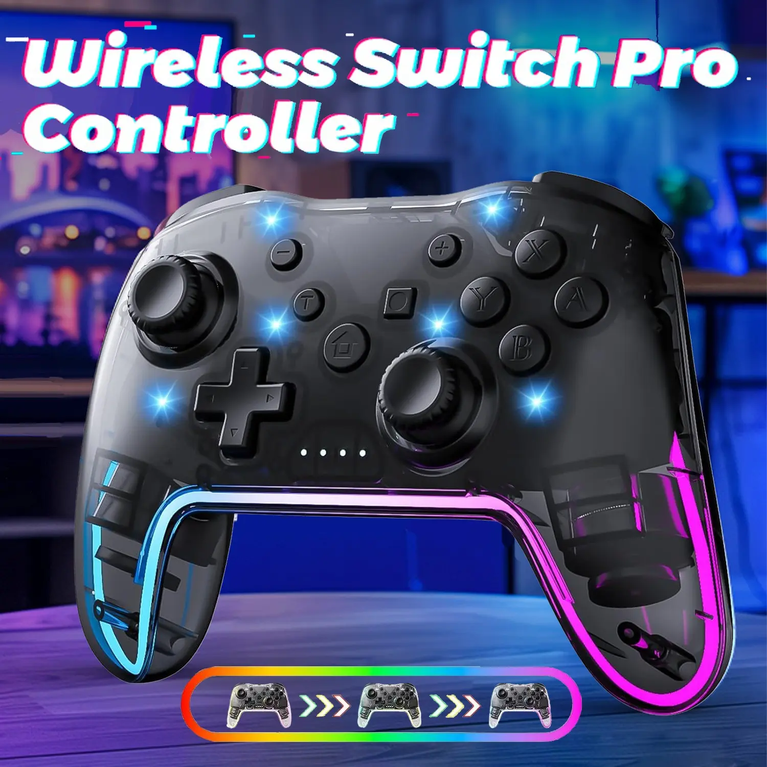 Wireless Game Controller for Switch Lite Oled PC Android iOS, Rechargeable Gaming Joystick with 7 Color RGB Lights and 3D Analog Stick