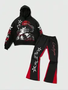 Men's Y2K Hip Hop Star Print Sports Set, Loose Hoodie & Flare Pants Two-Piece, Concert Party Essential, Streetwear Fashion, Streetwear Tracksuit Set, Casual Tracksuit