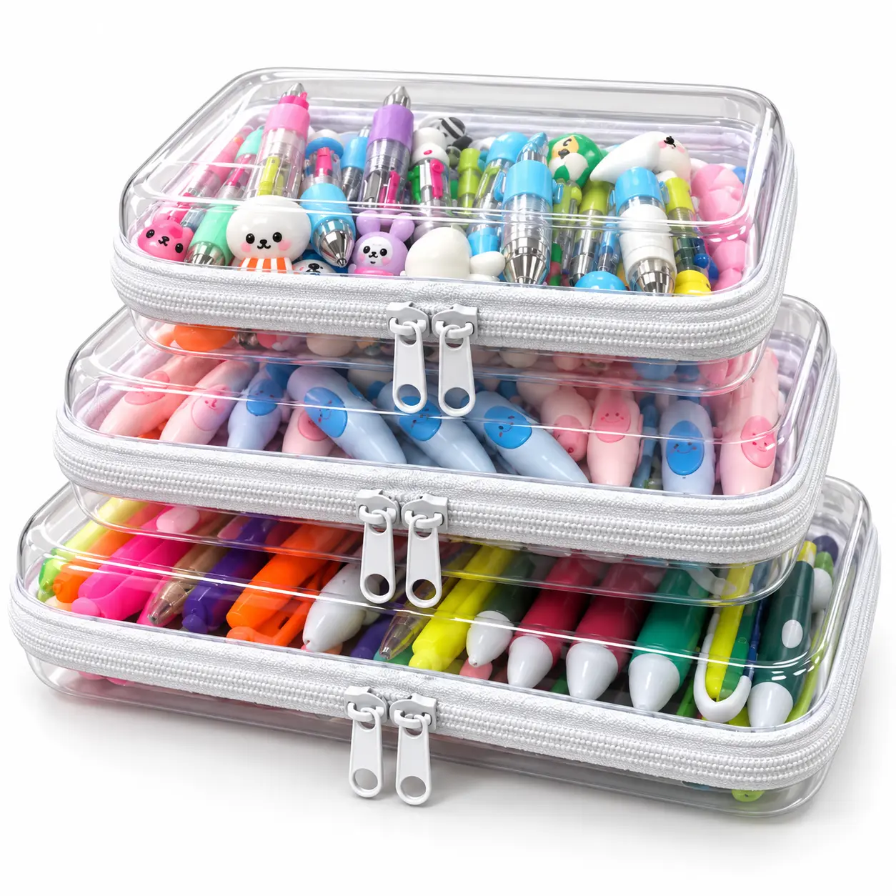 3 Pack Clear Hard Shell Zipper Pouches - Waterproof Travel Toiletry & Makeup Organizer, Plastic Storage Case for Office Home Use, LMS