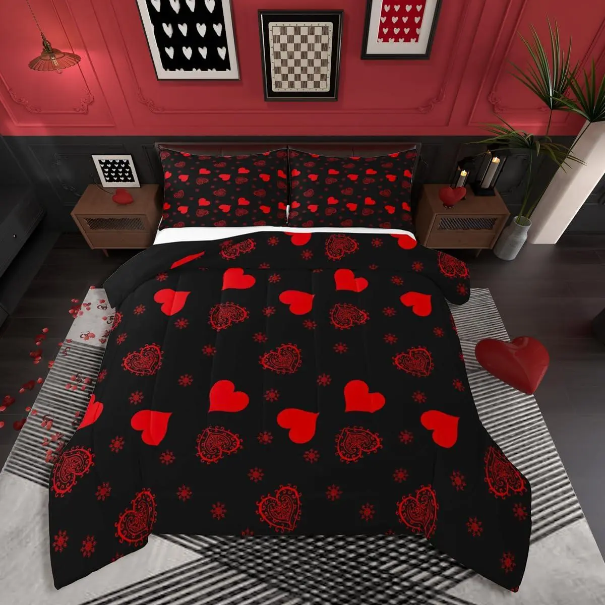 Feelyou Soft Modern Digital Print Paisley Duvet Set - Black and Red Pattern, All-Season, Multi-Size, Machine-Washable, Breathable Queen Bedding Set for Couples