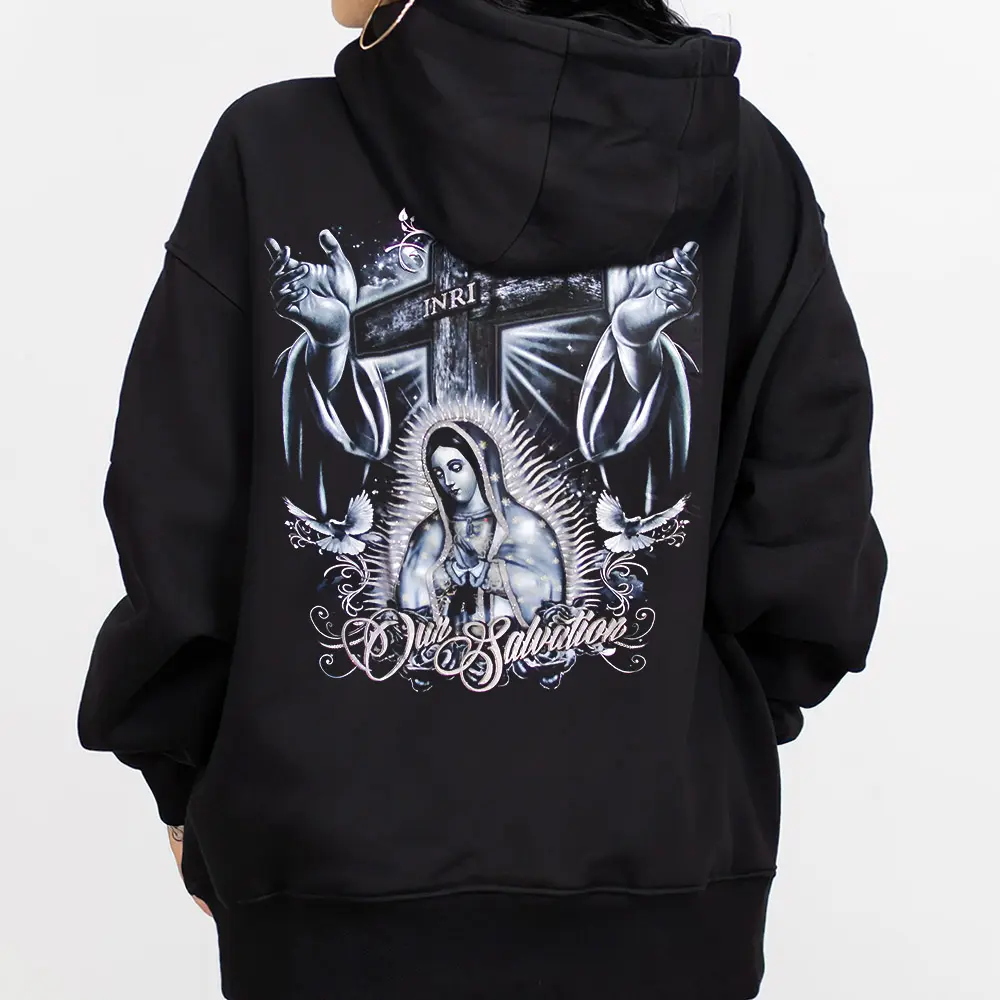 Guadalupe Cross Inri Dove Hands Our Salvation, Chicano Tattoo, Chicana clothing, Chicano Clothing Lowrider Clothes Mexican Clothes Streetwear Hoodie Men and Women Graphic Tee All Seasons Unisex Fit Loose Comfortable 9
